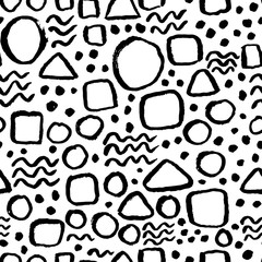 Grunge ink brush circles seamless black and white pattern. Vector illustration.