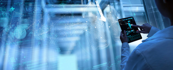 Medical technology diagnostics concept.Medicine doctor and stethoscope working with Human lungs on a digital tabblet and Ui virtual screen for treatment.