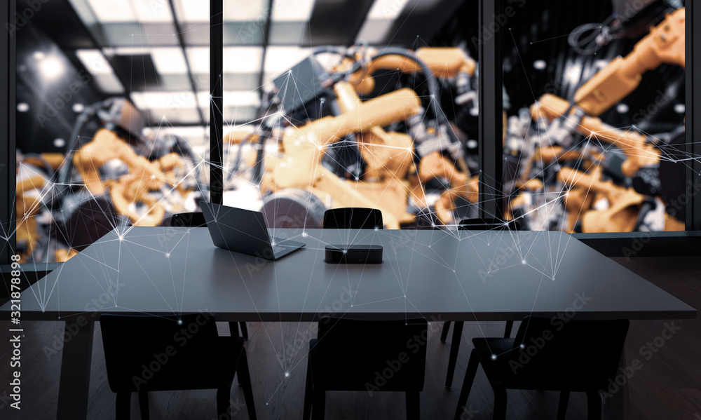 Poster Factory Industrial Engineer office with automation robot arms machine in intelligent factory industrial on real time monitoring system software.Digital future manufacture in meeting room.
