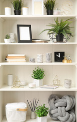 Fototapeta na wymiar White shelving unit with plants and different decorative stuff