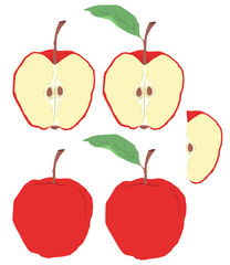 Apple whole and cut with leaf flat isolated vector colorful illustrations
