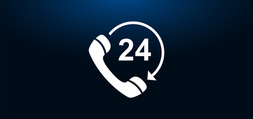 24 hours open phone rotate arrow icon crystal blue banner background