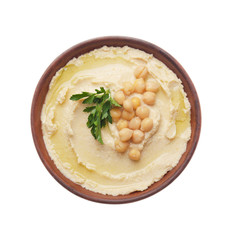 Flat lay view at hummus - spread made from cooked, mashed chickpeas topped with beans and green coriander leaves isolated on white background. Clipping path added