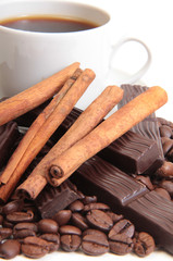 Coffee beans and cute chocolate. Isolated objects on a white background