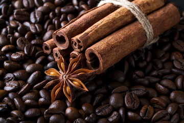 Star anise and cinnamon sticks on a roasted coffee beans background. Low key image of coffee drink ingredients.