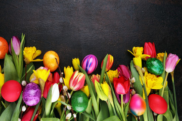 blooming daffodils and easter eggs for spring decoration