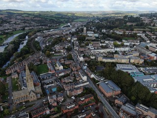 an aerial view of Exeter City centre , Devon , England, UK looking towards the canal and River Exe