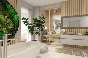 Modern bedroom and bathroom interior with wooden decor in eco style