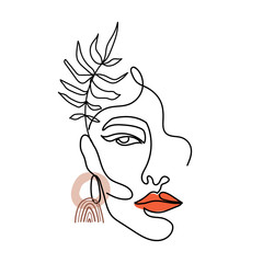 Trendy abstract one line woman face with leaves and abstract shapes. Continuous line print for textile, poster, card, t-shirt etc. Vector fashion illustration.