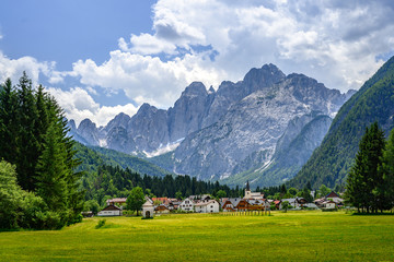 Fototapeta na wymiar idyllic mountain village Valbruna in the Julian Alps, Italy