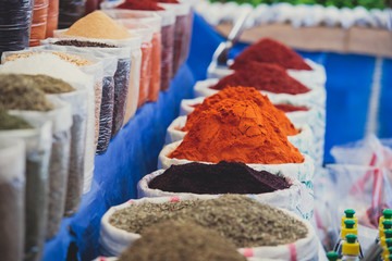 Different types of spices, tea, cinnamon at the bazaar, the traditional street turkish market