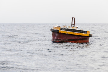 Rusty yellow mooring buoy with seagulls
