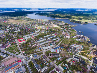 Aerial air view of Sortavala city, a town in the Republic of Karelia, Russia, located at the northern tip of Lake Ladoga, shot from drone