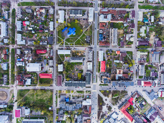 Obraz premium Aerial air view of Sortavala city, a town in the Republic of Karelia, Russia, located at the northern tip of Lake Ladoga, shot from drone
