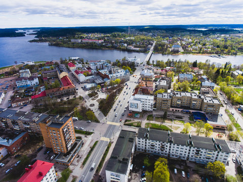 Aerial air view of Sortavala city, a town in the Republic of Karelia, Russia, located at the northern tip of Lake Ladoga, shot from drone