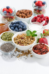foods for healthy nutrition and breakfast on white table, vertical