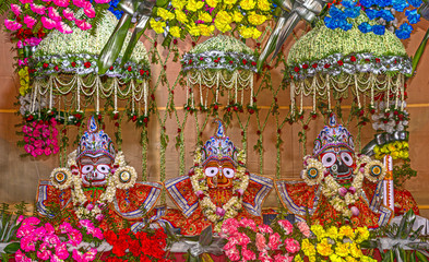 Idols of Hindu God Jagannath, Balaram and Goddess Subhadra are being worshipped during the Rath...