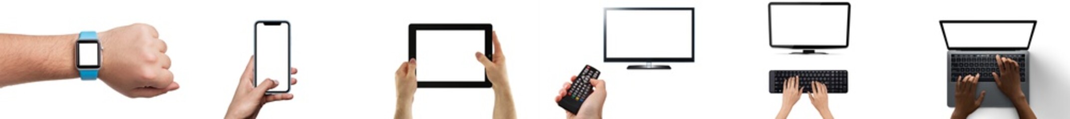 Mockup images of a person using tablet Remote Control keyboard smartwatch laptop with blank white screens