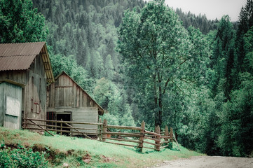Rural landscape of Carpathian mountains. Small village with traditional wooden houses at sunny day under blue sky