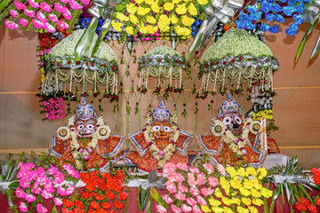 Idols of Hindu God Jagannath, Balaram and Goddess Subhadra are being worshipped during the Rath Yatra Festival.