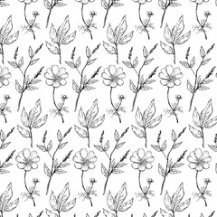 Seamless vector vintage pattern with Victorian bouquet of black flowers on a white background. Garden roses, tulips, delphinium, petunia. Monochrome.