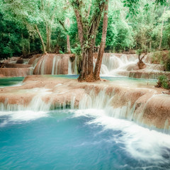 Jangle landscape with turquoise water of Kuang Si waterfall. Laos