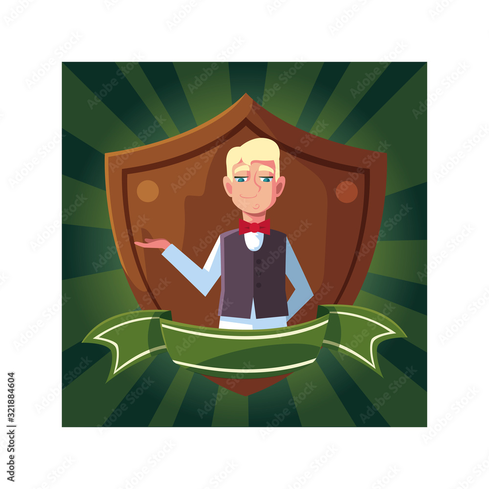 Poster man waiter with uniform in shield with ribbon