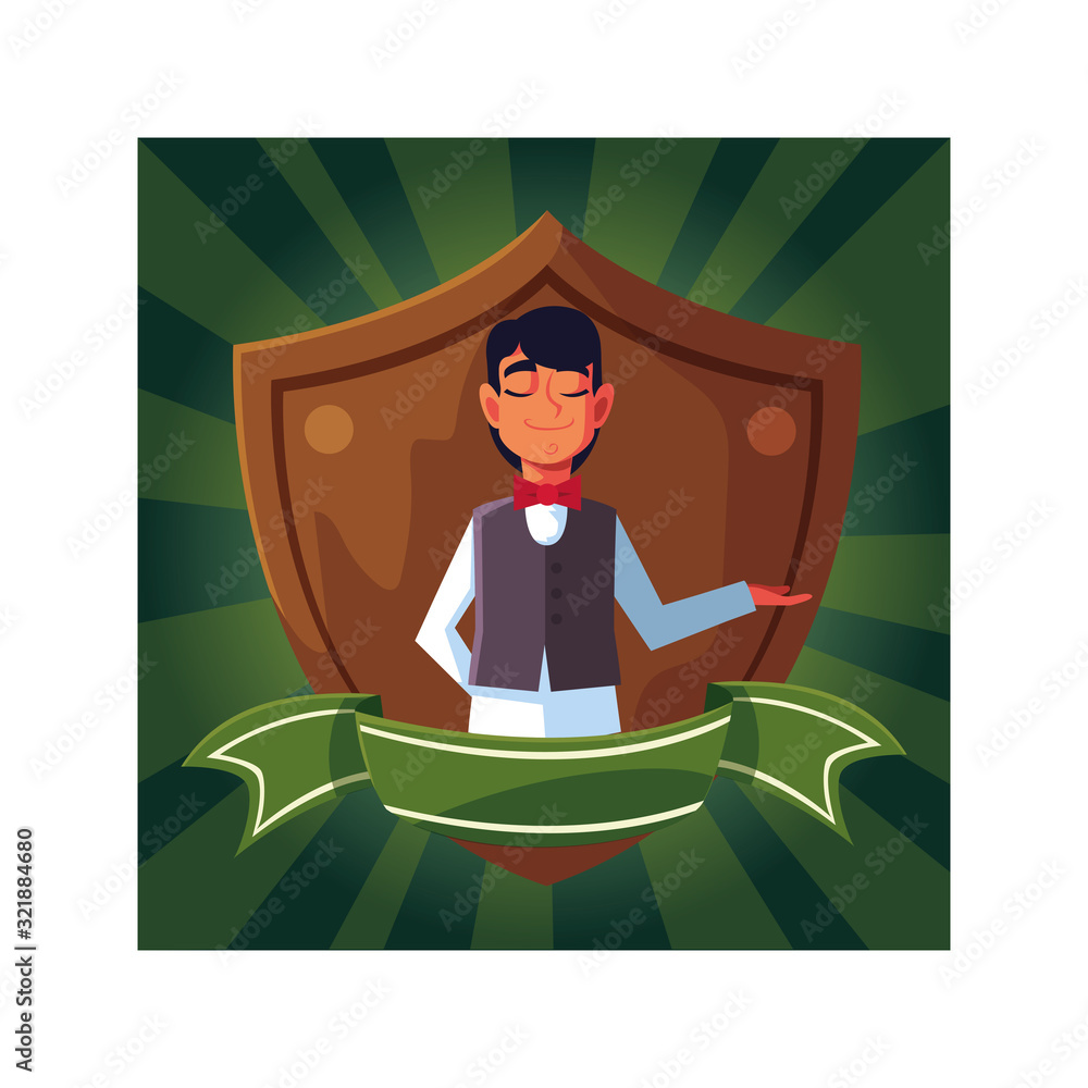 Poster man waiter with uniform in shield with ribbon