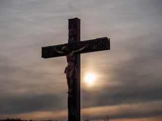 Jesus christ crucifix cross on heaven sunrise concept christmas catholic religion, forgiving christian worship god, happy easter day, praying praise good friday sunrise background, bible gospel news