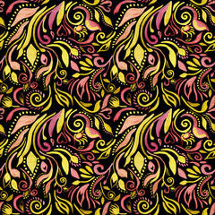 Watercolor, seamless pattern yellow-pink on a black background. Floral and plant decorative ornament. 