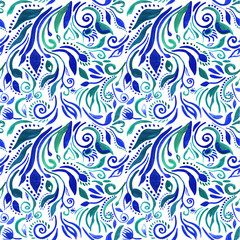 Watercolor, seamless pattern in blue-green colors. Endless texture for your design, decoration, greeting cards, posters, invitations, advertisement.
