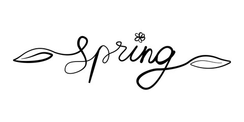 Vector lettering of Spring word with leaves and flower drawn by ink. Black isolated on white background