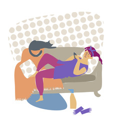 A woman is resting on the sofa with a phone in her hands. A woman is resting while cleaning the house. Flat cartoon colorful vector illustration.