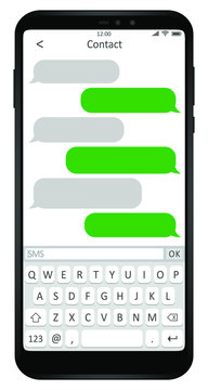 Mobile Phone Mockup Sms Application Vector Template, Screen With Keyboard Dialog Service Illustration In Eps 10