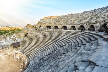 SIDE ,TURKEY - SEPTEMBER 16, 2019 : Ancient amphitheater in Side, Turkey