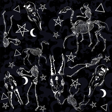 Mystic white symbols in seamless pattern. Skeletons, bones and skuls in fog.