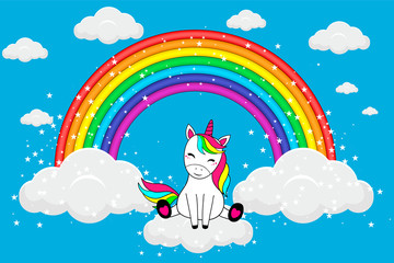 Beautiful unicorn vector. Cute clouds and rainbow illustration. Print for t-shirt or sticker.