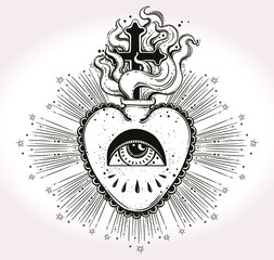 The beautiful sacred heart of Jesus with rays.Tattoo art, graphic, t-shirt design, postcard, poster design, coloring books,spirituality, occultism.Isolated vector illustration.