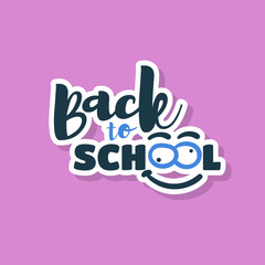 Back to school sticker with funny face on lilac background. Vector illustration