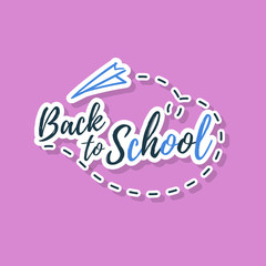 Back to school sticker with paper airplane on lilac background. Vector illustration