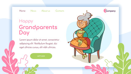 Landing page. Grandmother in a chair knits socks. Vector illustration
