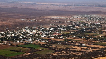 Aerial landscape shot of Prince Albert town in South Africa. 
