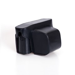 Black leather camera case isolated on white background