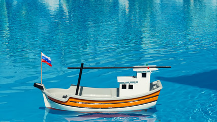 Fototapeta na wymiar Sea toy, ship with flag of the Russian Federation