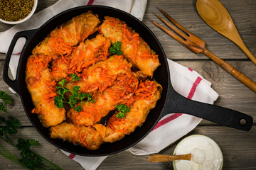 Stuffed Cabbage Rolls With Ground Beef and Rice. Selective focus.