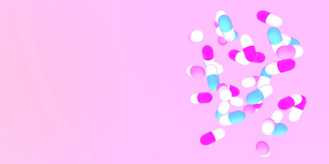 Colorfull pharmaceutical medicine pills for hospital or drugstore ad. 3d render illustration. Pharmacology or diet suplement concept for header or flyer mockup.