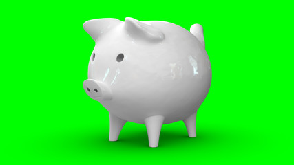 White ceramic piggy bank 3D rendering with green background for chroma key