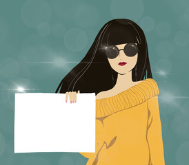 Hipster style girl character with long hair on soft light bokeh on green background, A young beautiful asian woman holding white paper, Asian girl avatar,Digital paint Cartoon illustration