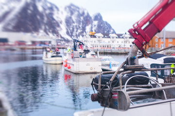 View of fishing equipment on fishing trawler ship in Svolvaer, Norway, Lofoten Islands, Nordland