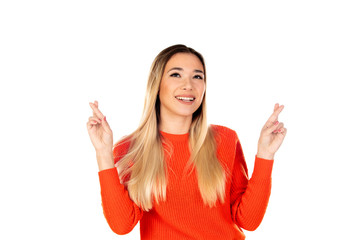 Pretty blonde woman with red jersey
